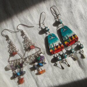 2 Pair Vintage Dangle Gemstone Handpainted Llama Cactus Multicolor Earrings Boho